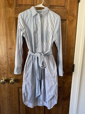 J. Crew Blue and White Striped Shirt Dress with Tie Waist